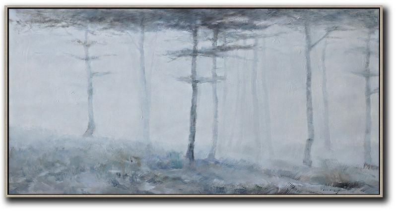 Original Extra Large Wall Art,Panoramic Abstract Landscape Painting,Hand Painted Acrylic Painting,White,Grey,Black